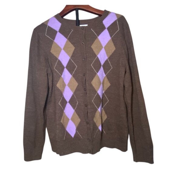 Croft & Barrow XL Brown Cardigan Sweater Purple Tan Argyle Preppy Academia - Picture 1 of 6